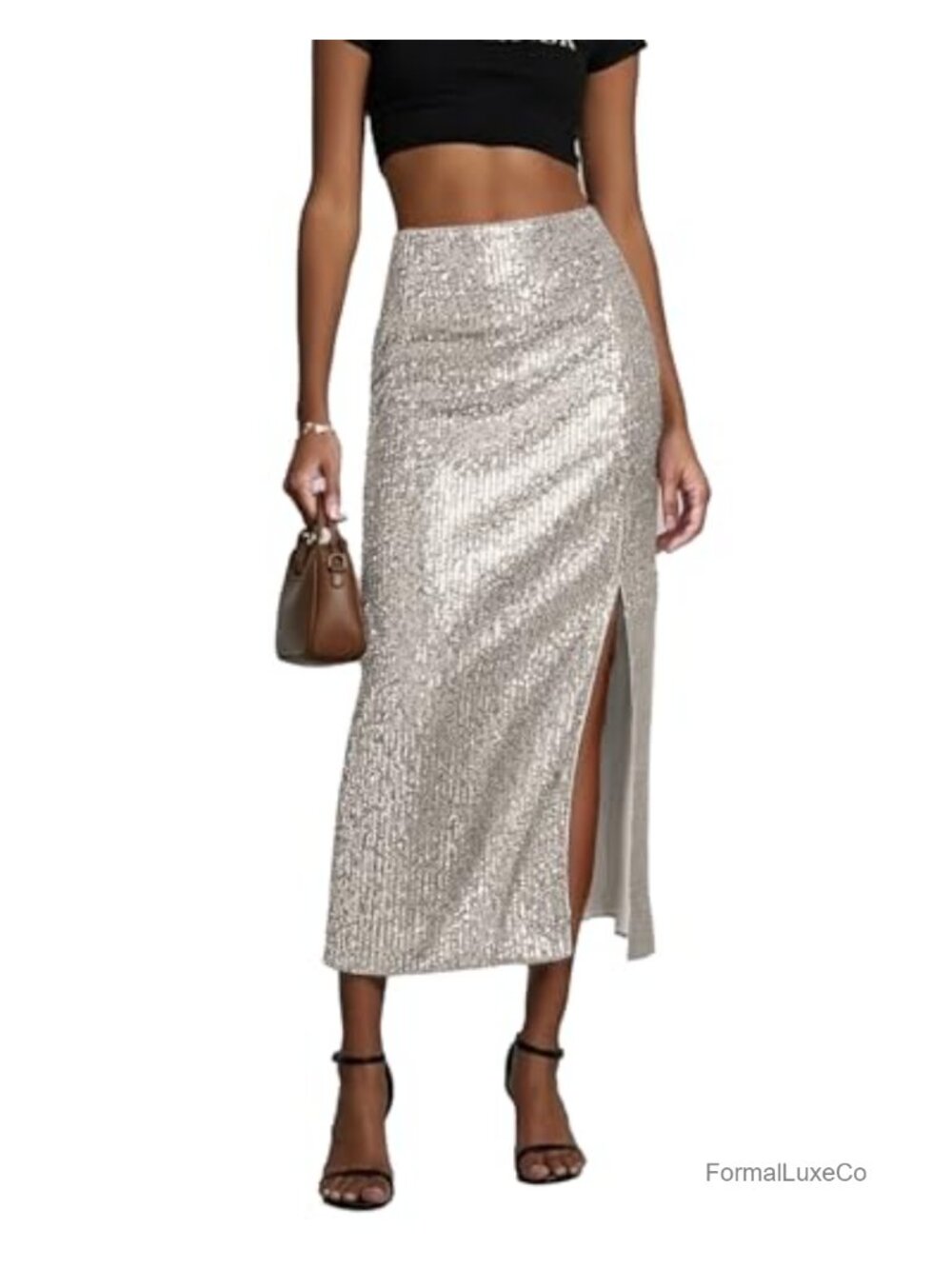 Women's Sequin Midi Skirt High Waisted Bodycon Pencil Skirt with Slit